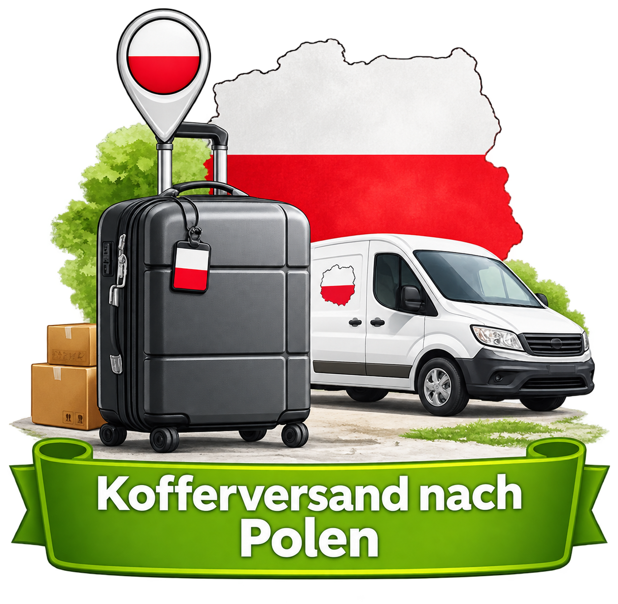 Kofferversand nach Polen – Koffer, Lieferwagen und Landesflagge