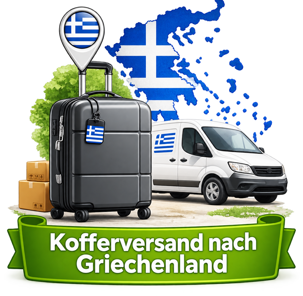 Kofferversand nach Griechenland – Koffer, Lieferwagen und Landesflagge