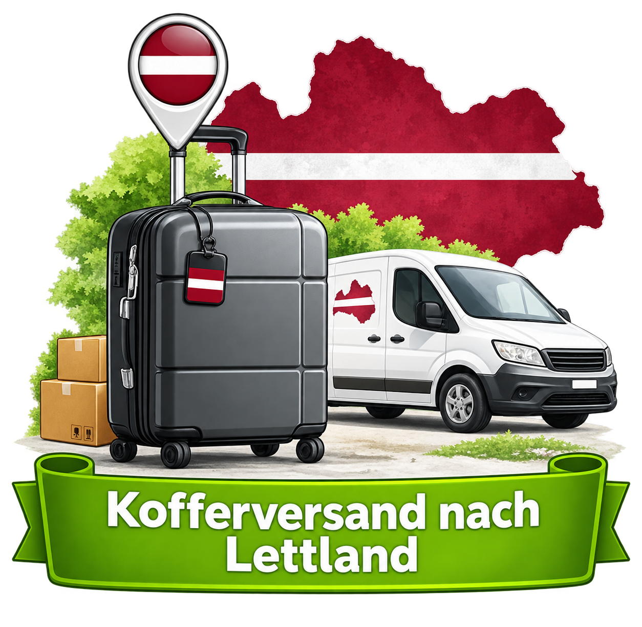 Kofferversand nach Lettland – Koffer, Lieferwagen und Landesflagge