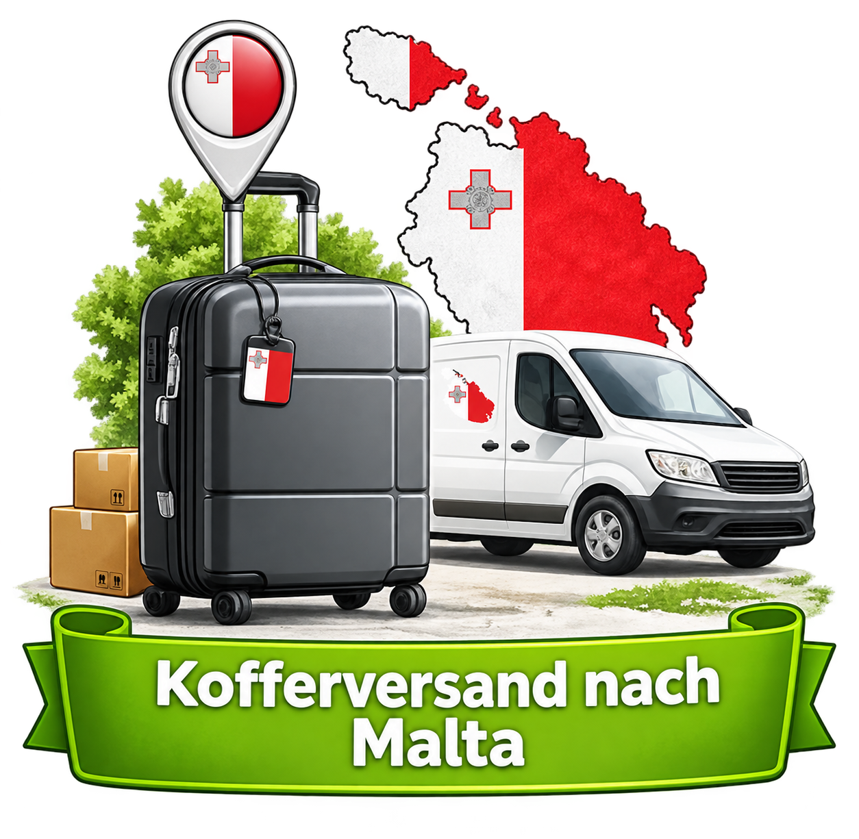 Kofferversand nach Malta – Koffer, Lieferwagen und Landesflagge