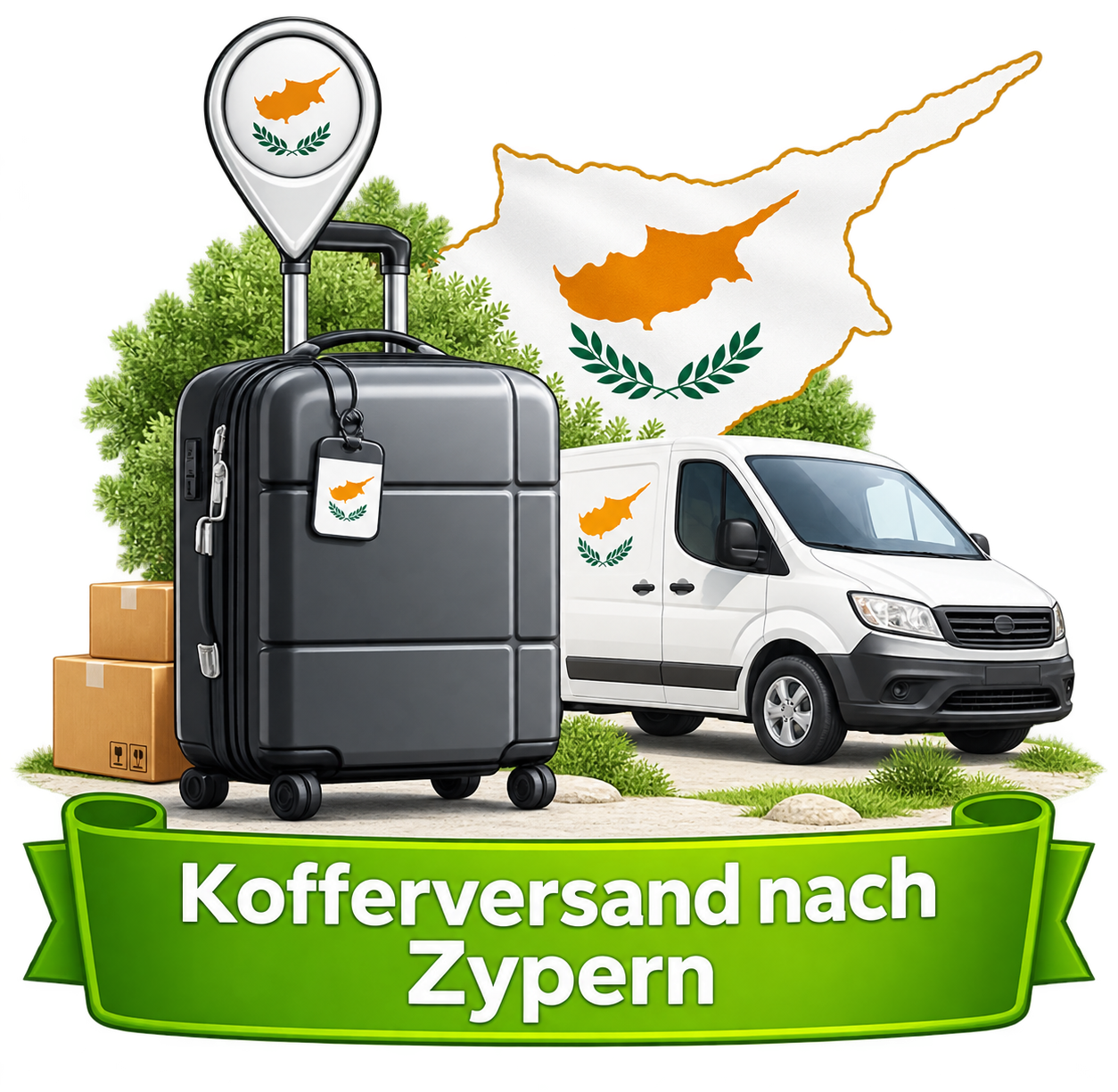 Kofferversand nach Zypern – Koffer, Lieferwagen und Landesflagge