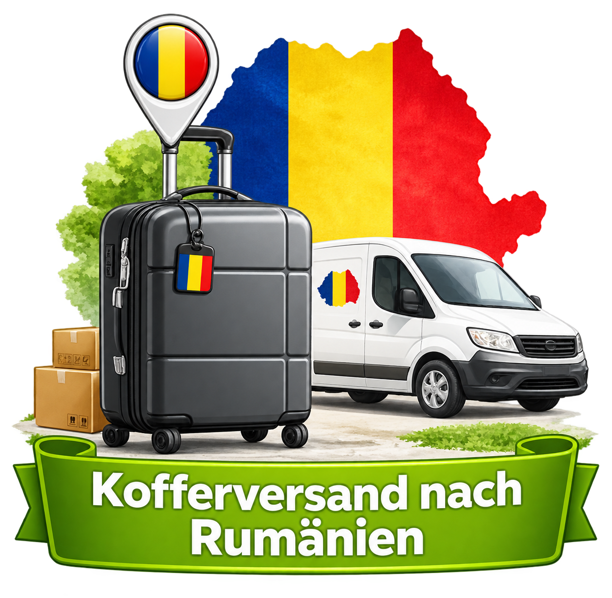 Kofferversand nach Rumänien – Koffer, Lieferwagen und Landesflagge