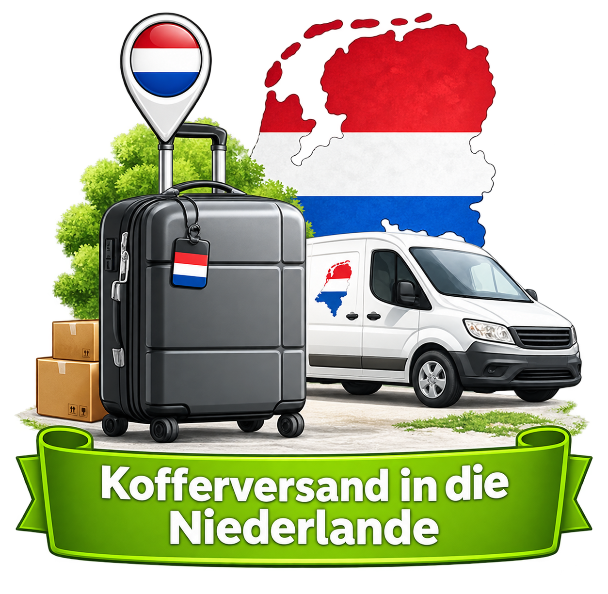 Kofferversand in die Niederlande – Koffer, Lieferwagen und Landesflagge