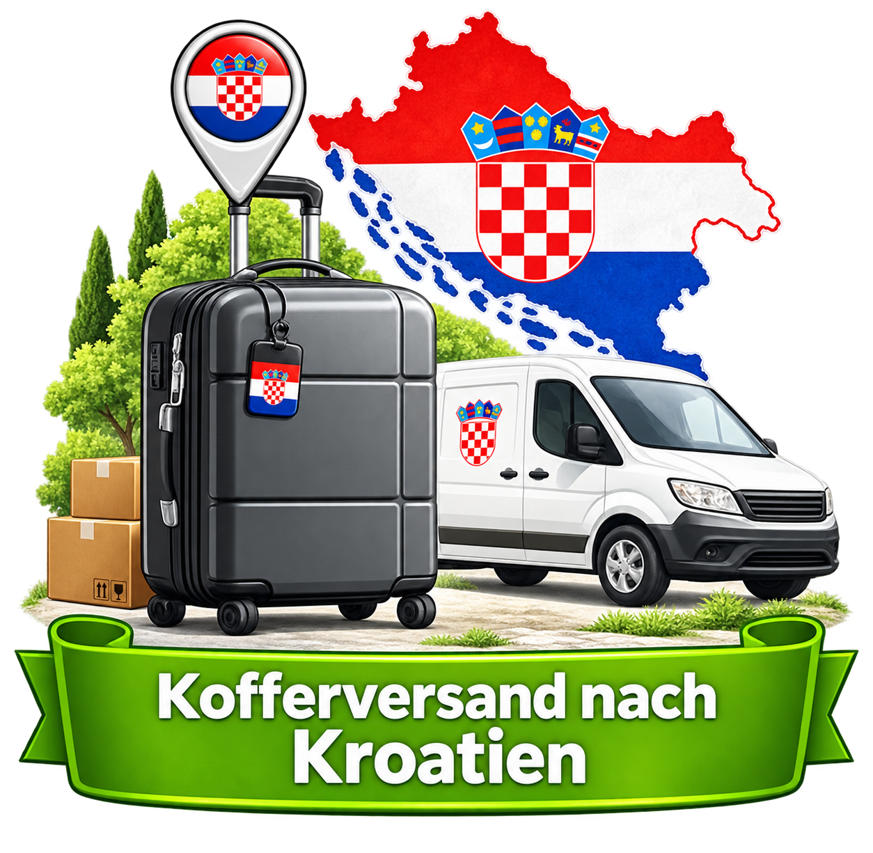 Kofferversand nach Kroatien – Koffer, Lieferwagen und Landesflagge