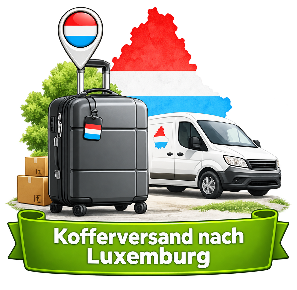 Kofferversand nach Luxemburg – Koffer, Lieferwagen und Landesflagge