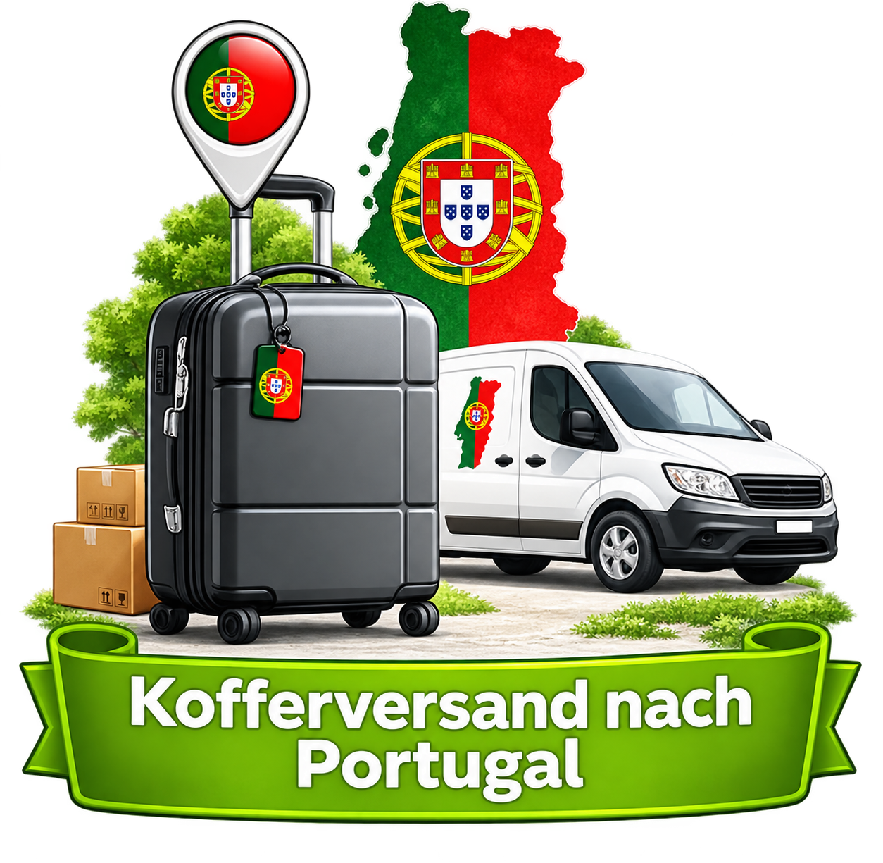 Kofferversand nach Portugal – Koffer, Lieferwagen und Landesflagge
