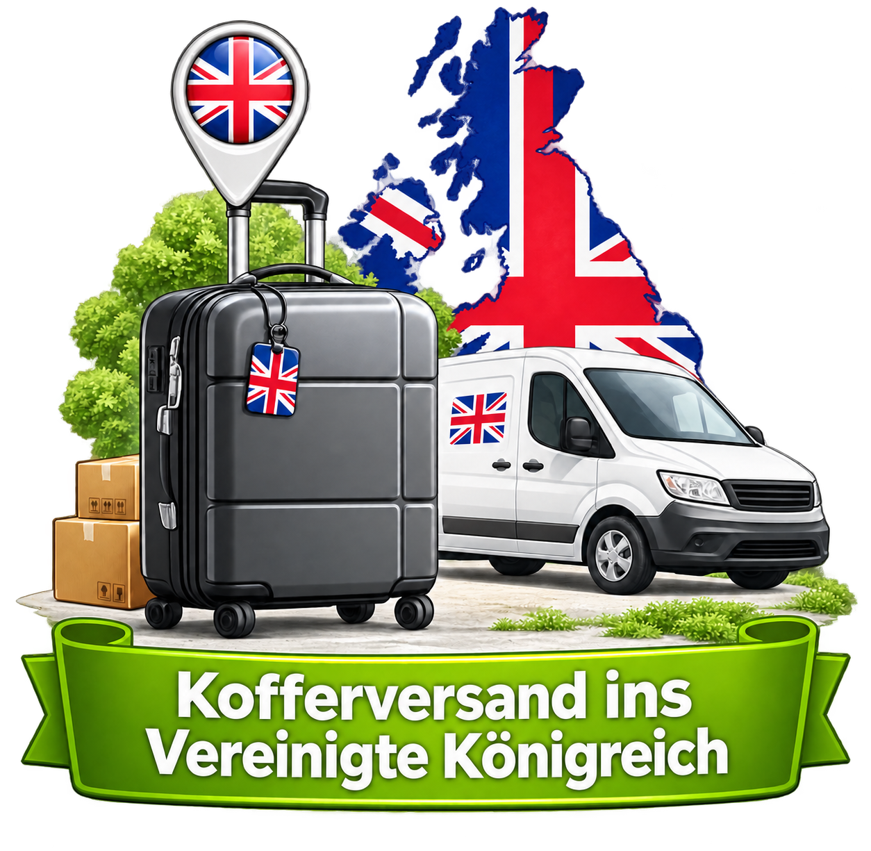 Kofferversand ins Vereinigte Königreich – Koffer, Lieferwagen und Landesflagge