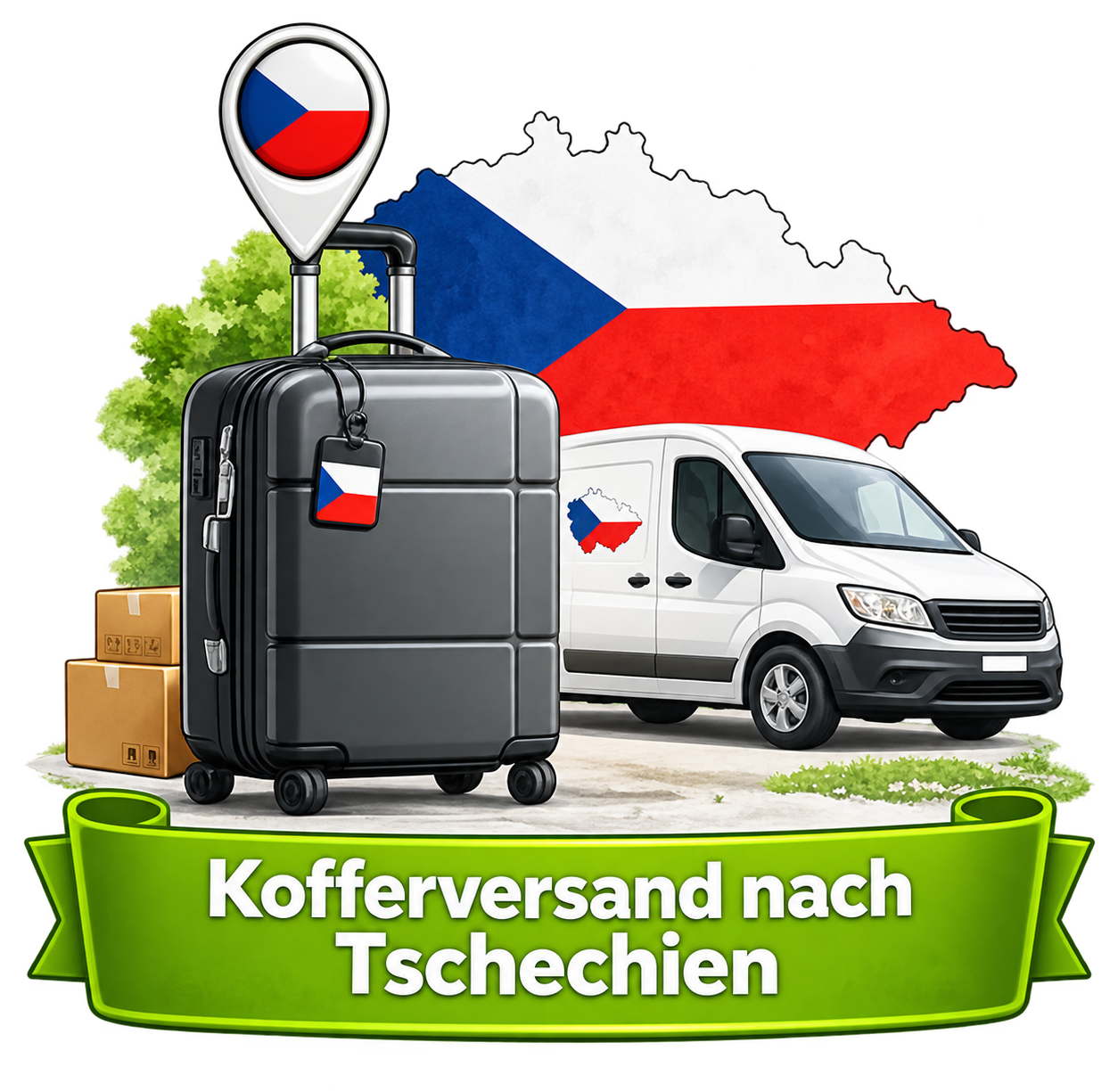 Kofferversand nach Tschechien – Koffer, Lieferwagen und Landesflagge