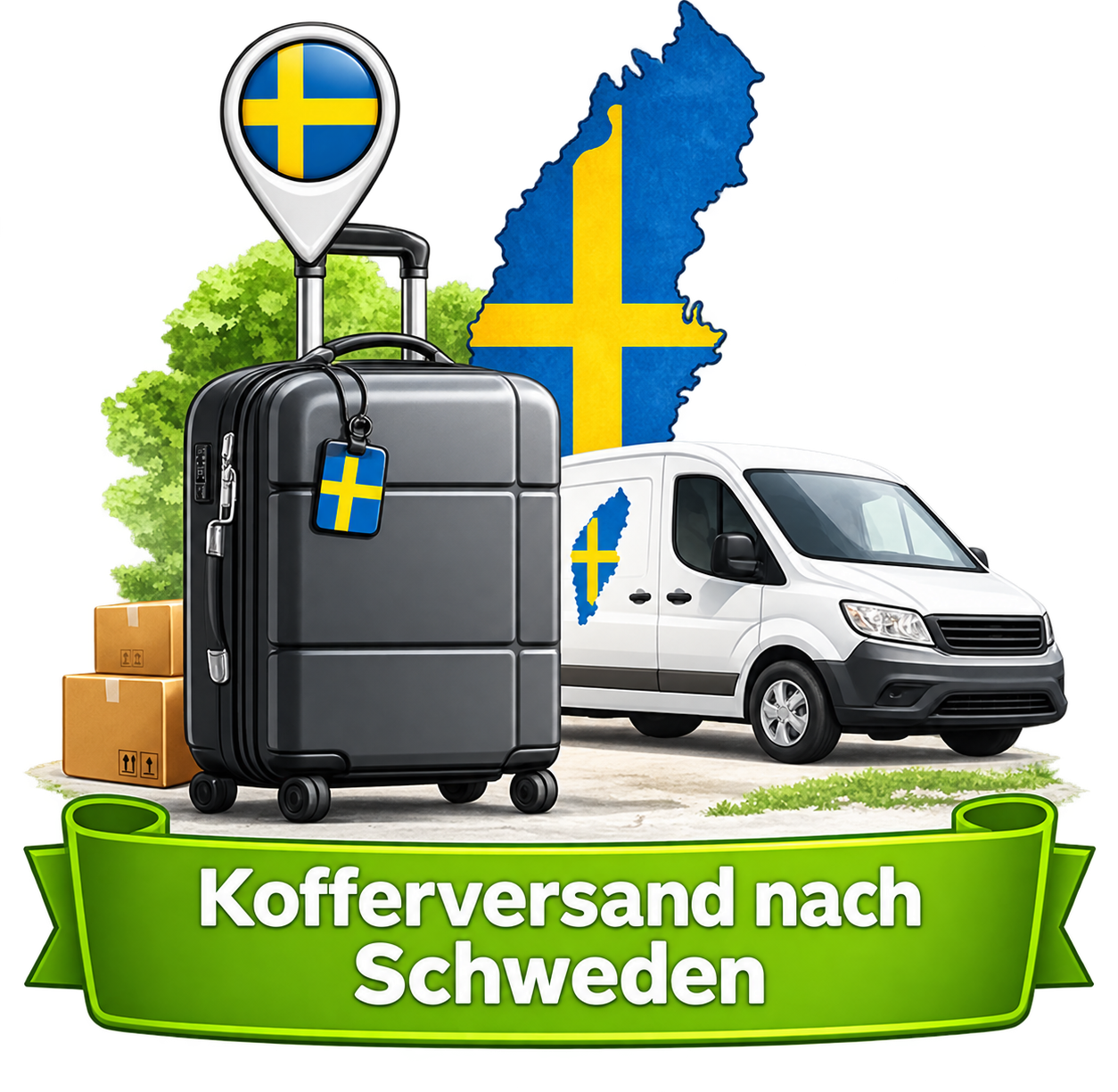 Kofferversand nach Schweden – Koffer, Lieferwagen und Landesflagge