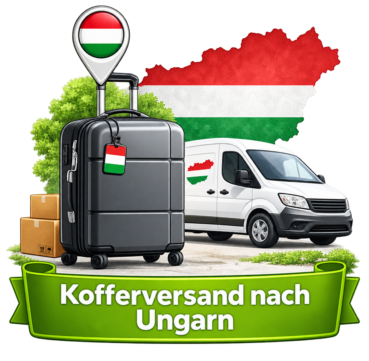 Kofferversand nach Ungarn – Koffer, Lieferwagen und Landesflagge