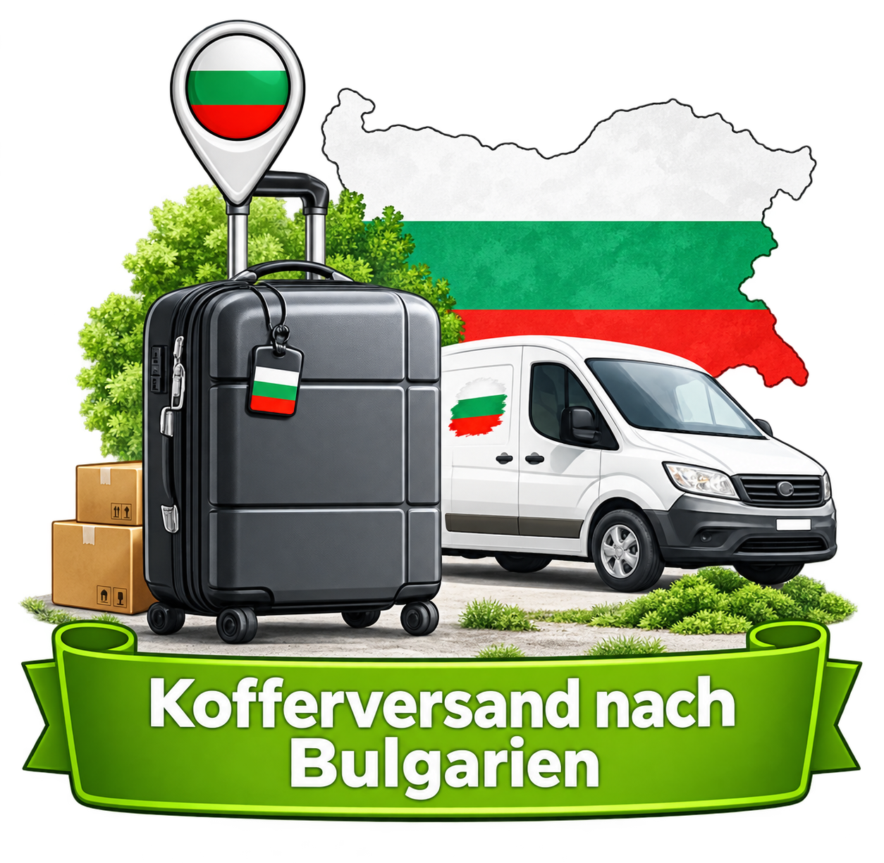 Kofferversand nach Bulgarien – Koffer, Lieferwagen und Landesflagge