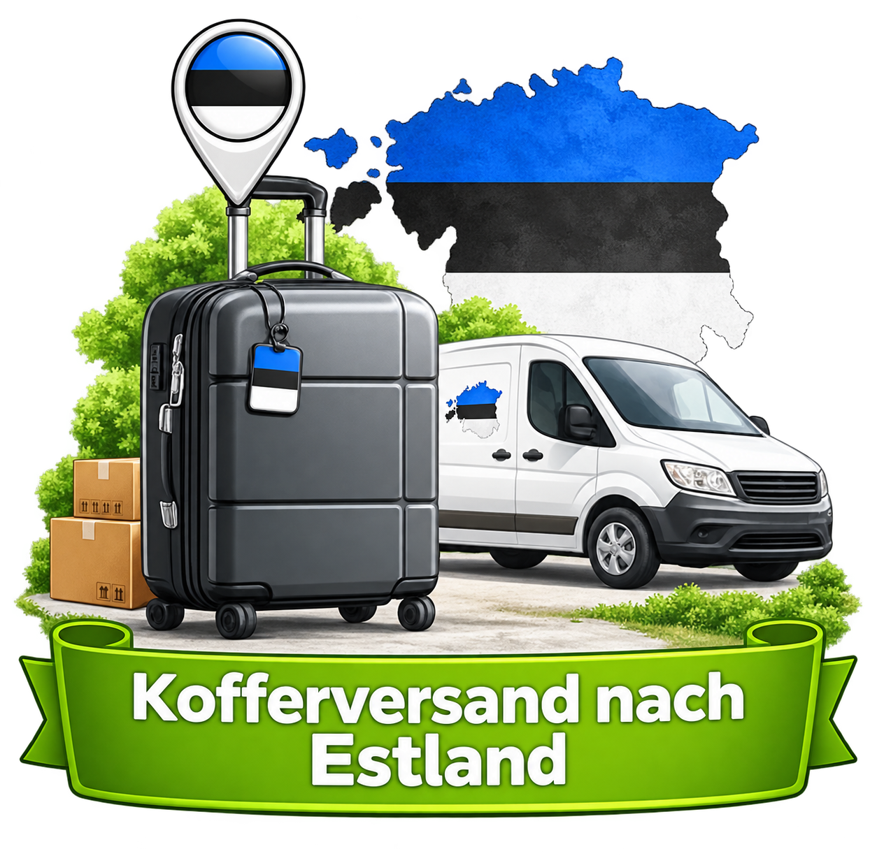 Kofferversand nach Estland – Koffer, Lieferwagen und Landesflagge