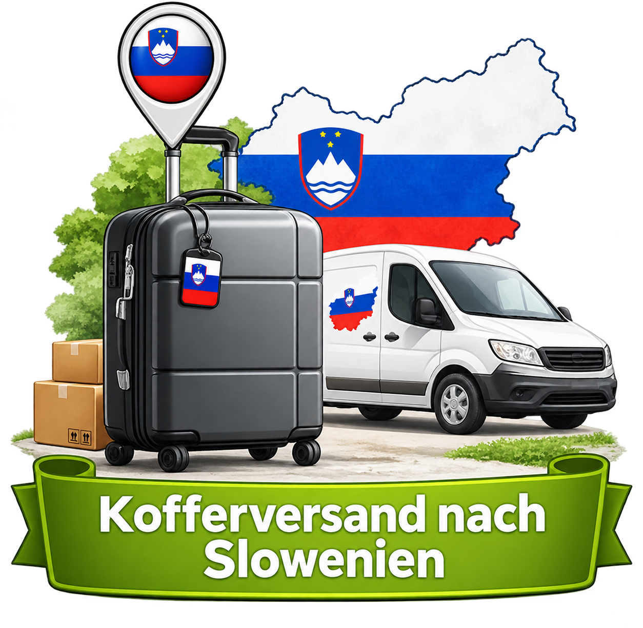 Kofferversand nach Slowenien – Koffer, Lieferwagen und Landesflagge