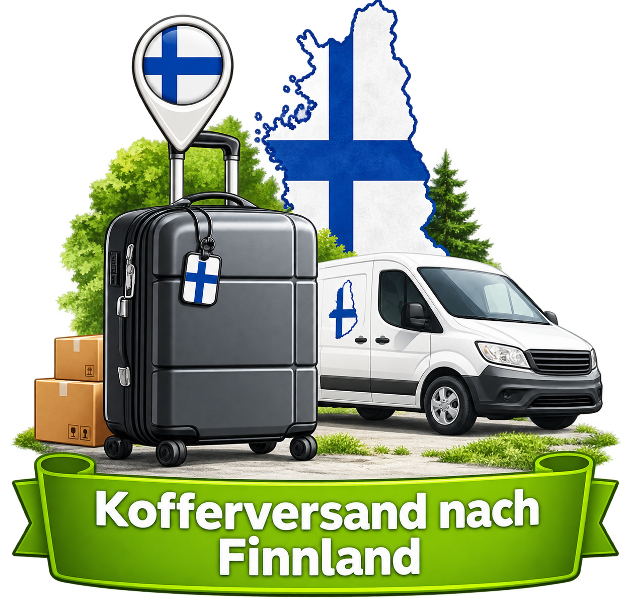Kofferversand nach Finnland – Koffer, Lieferwagen und Landesflagge