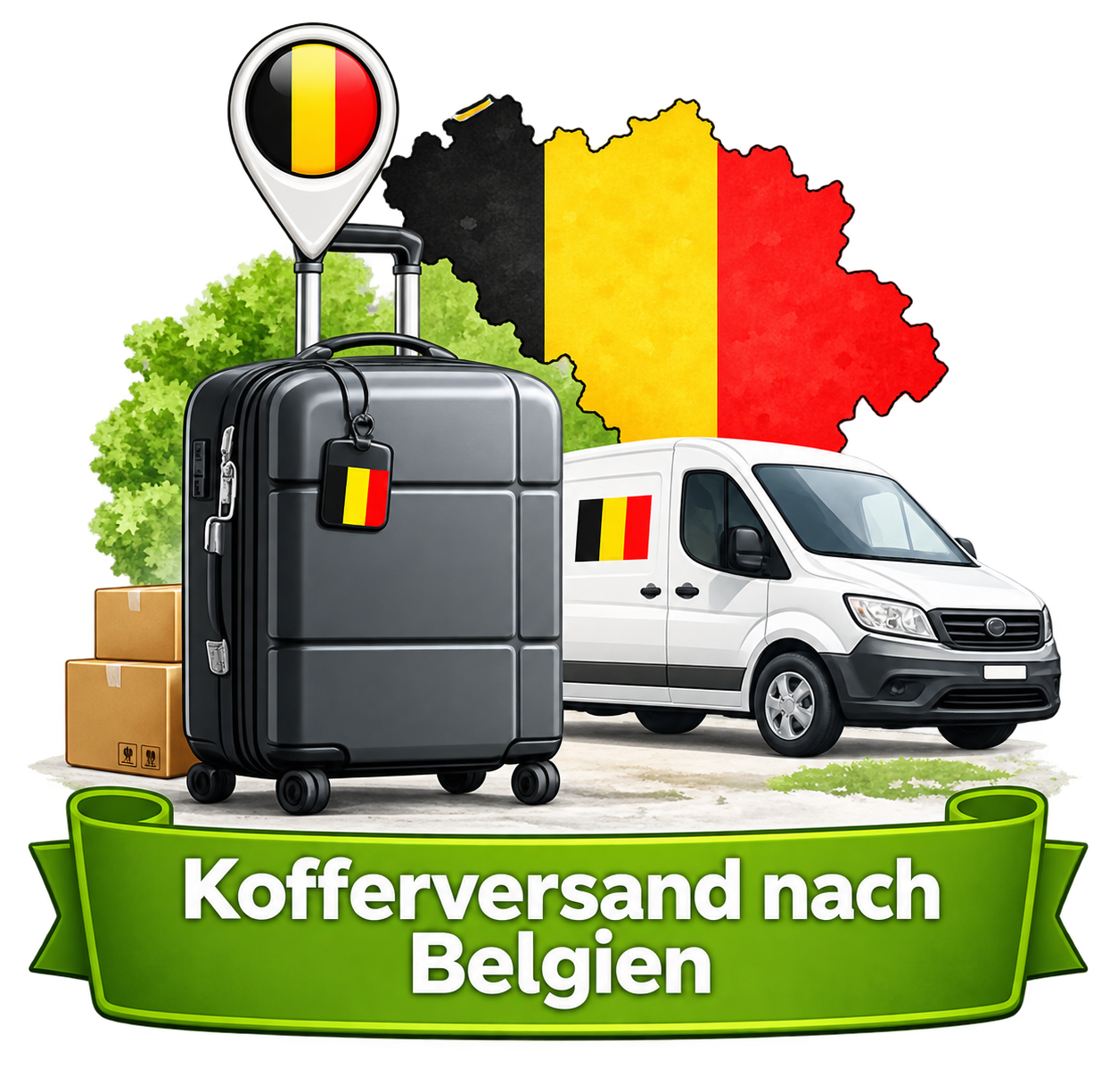 Koffer nach Belgien verschicken – Koffer, Lieferwagen und belgische Flagge