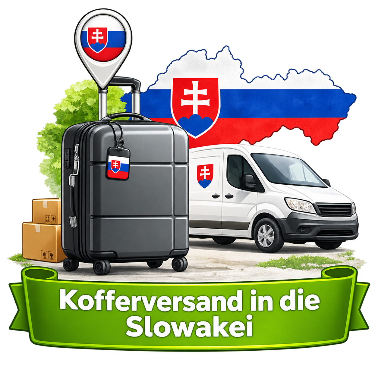 Kofferversand in die Slowakei – Koffer, Lieferwagen und Landesflagge