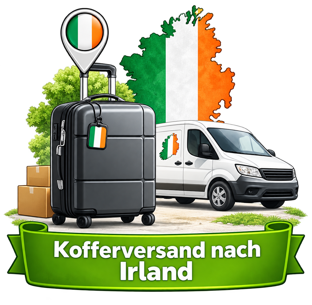 Kofferversand nach Irland – Koffer, Lieferwagen und Landesflagge