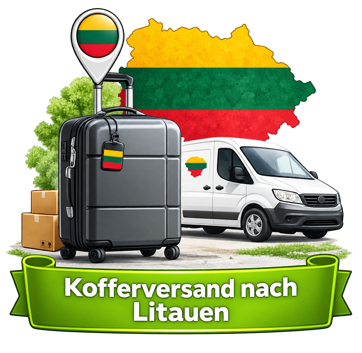 Kofferversand nach Litauen – Koffer, Lieferwagen und Landesflagge